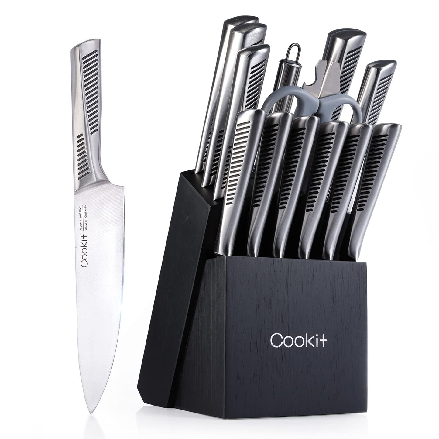 15 Piece Chef Knives Set With Non-Slip German Stainless Steel Hollow Handle Cutlery Set With Multifunctional Scissor.