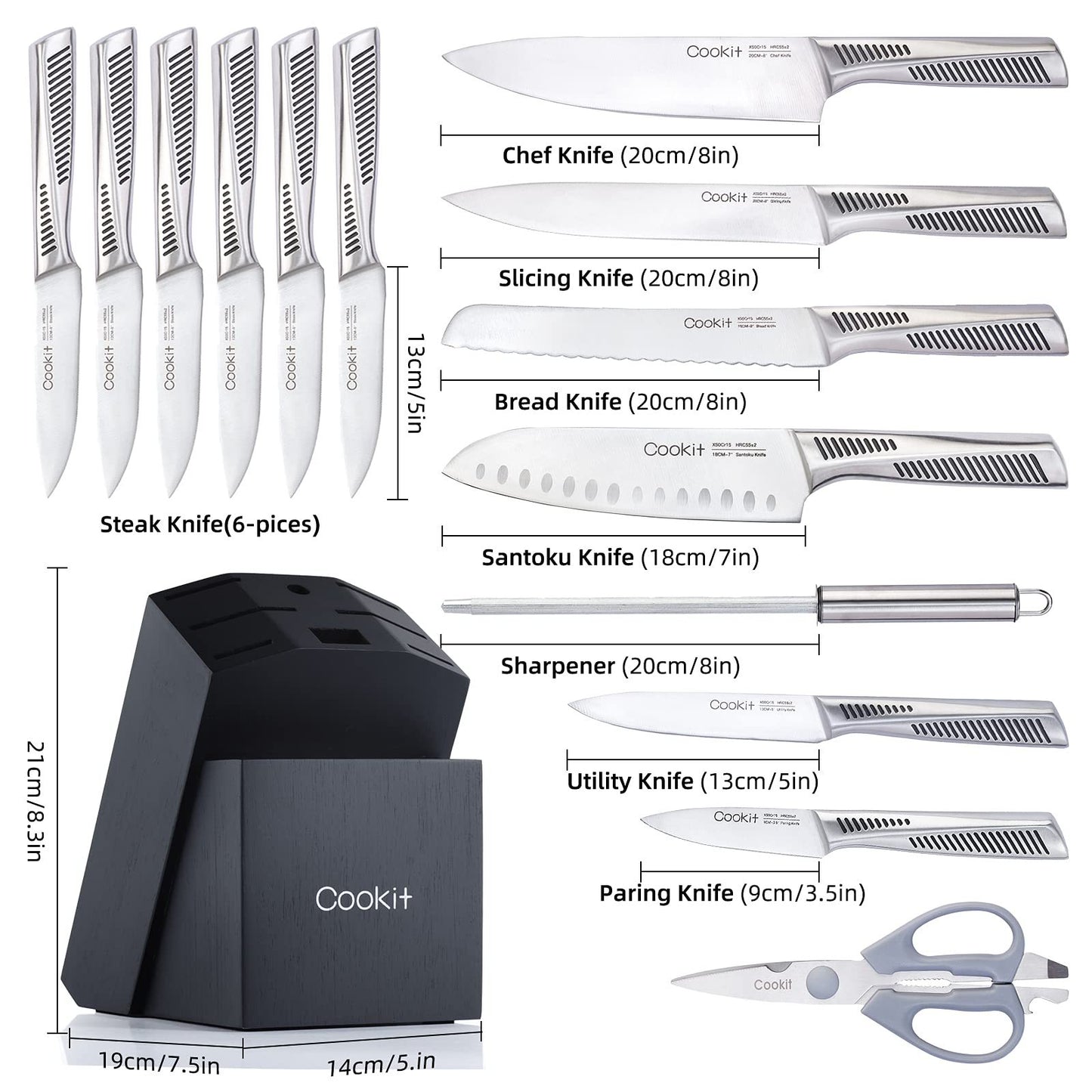 15 Piece Chef Knives Set With Non-Slip German Stainless Steel Hollow Handle Cutlery Set With Multifunctional Scissor.