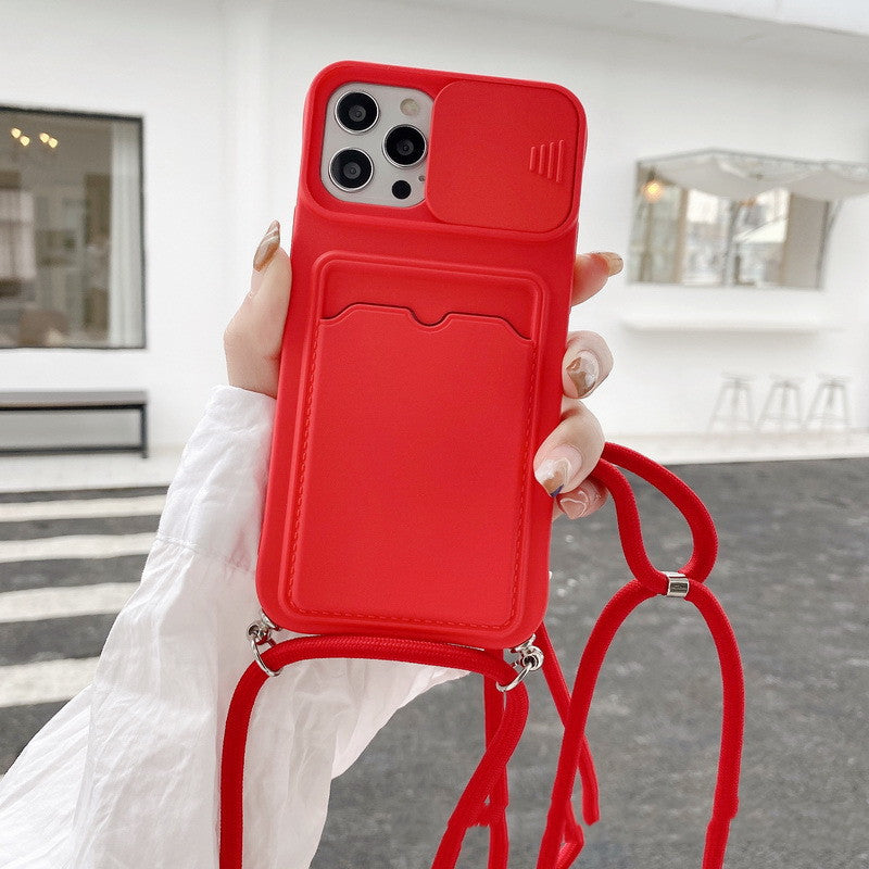 Solid Color Card Lanyard Style Integrated Sliding Window Phone Case.